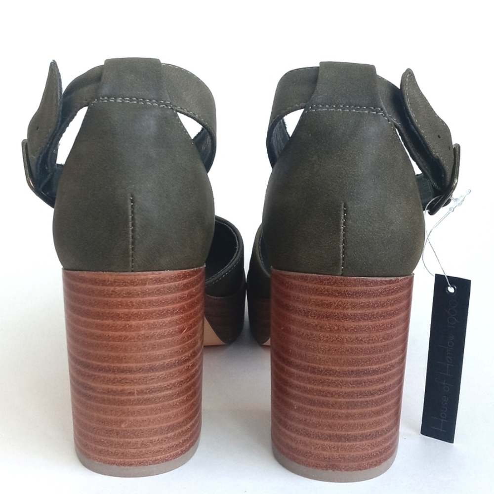 House of Harlow 1960 Olive Green Square Toe Ankle Strap Platform Heels 8M - Picture 6 of 16